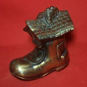 Vintage Bronze Cast Metal Old Woman Lived Shoe House Coin Bank